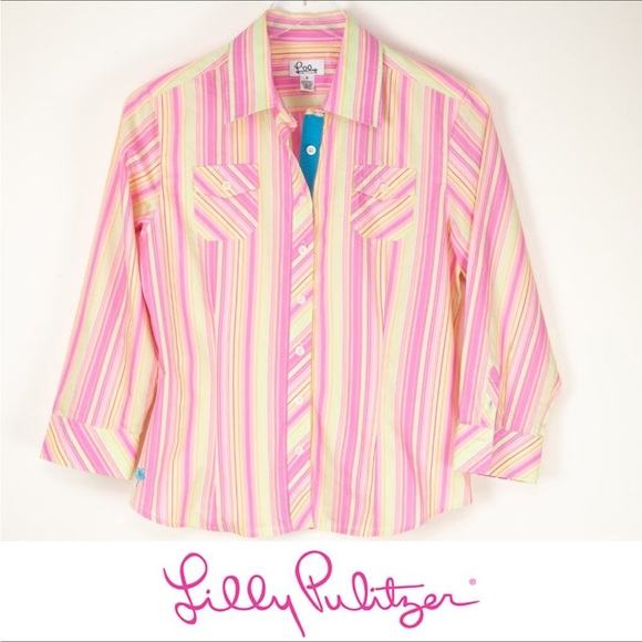 Sale LILY PULITZER WHITE LABEL PINK MULTI COLOR BUTTON DOWN LIKE NEW - Picture 8 of 14